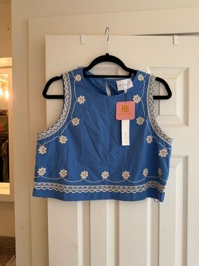 Mable Blue Embroidered Sleeveless Crop Top